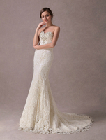 Mermaid Brautkleider Spitze trägerlosen Elfenbein Schatz Perlen Brautkleid mit Zug