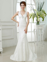 Mermaid Brautkleider Spitze V-Ausschnitt Elfenbein Brautkleid Backless Sleeveless Strass Perlen Brautkleid mit Zug