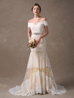 Mermaid Brautkleider Spitze weg von der Schulter Strass Perlen farbige Brautkleid mit Zug