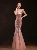 Mermaid Prom Kleider lange Pailletten Abendkleid trägerlosen Cameo Rosa formale Kleider