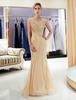 Mermaid Prom Kleider Light Gold Perlen Sleeveless Luxus Formale Abendkleid mit Zug