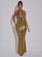 Metallic-Gold-Maxikleid mit offenem Rücken figurbetontes Party-Neckholder-Kleid für Damen 2025