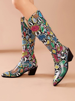 Mid Calf Boots Green Pointed Toe Leder Chunky Boots
