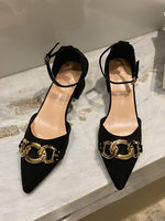 Mid Low Heels für Frauen Chic Pointed Toe Chunky Heel Elegante Metalldetails Black Ankle Strap Heels