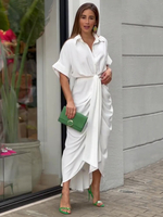 Midi-Hemdkleid Rosa Turndown-Kragen Plissee Kurze Ärmel Lagenkleider