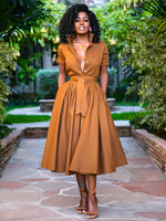 Midi-Hemdkleider Orange Stehkragen Schärpe Kurzarm Lagenkleid