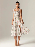 Midikleid mit Blumendruck Herzausschnitt und hohem Schlitz 2025