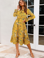 Midikleid mit Blumendruck Krawattenhals und langen Ärmeln für Damen 2025