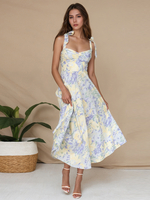 Midikleid mit Blumendruck und Schleifenträgern für Damen 2025