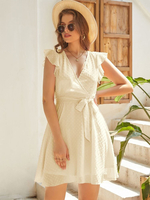 Minikleid mit Rüschenärmeln Gürtel und V-Ausschnitt für den Sommer 2025