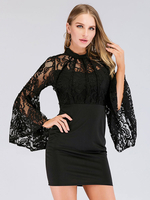 Minikleid Sexy Etuikleid Halskragen Sexy Partykleider Langarm Bodycon Damen Sexy Kleid Schwarz Spitze Clubwear