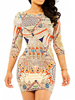Minikleid Sexy Partykleider Bodycon Damen Sexy Kleid Aprikose 3/4 Ärmel Polyester und Rundkragen und Print Clubwear