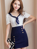 Minikleid Sexy Partykleider Bodycon Damen Sexy Kleid Blau gemischten Baumwollen Kurzarm V-Ausschnitt und figurbetonendem Design und Farbblock