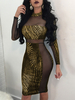 Minikleid Sexy Partykleider Bodycon Damen Sexy Kleid Gold Langarm gemischten Baumwollen Halskragen und Glitzer Clubwear