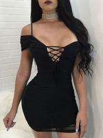 Minikleid Sexy Partykleider Bodycon Damen Sexy Kleid Schwarz Kurzarm Michartige Seide und Trägern Clubwear