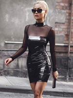 Minikleid Sexy Partykleider Bodycon Damen Sexy Kleid Schwarz Langarm Tüll Halskragen Clubwear