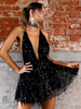 Minikleid Sexy Partykleider Bodycon Damen Sexy Kleid Schwarz Tüll ärmellos und spitzem Dekolleté und rückenfreiem Design und Pailletten Clubwear