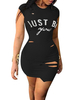 Minikleid Sexy Partykleider Kurzarm Damen Sexy Kleid Bodycon und Rundkragen Baumwolle und Buchstabenmuster Schwarz Clubwear
