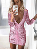 Minikleid Sexy Partykleider Langarm Damen Sexy Kleid Bodycon V-Ausschnitt Polyester Rosa Clubwear