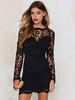 Minikleid Sexy Partykleider Schwarz Damen Sexy Kleid Bodycon Langarm Spitze und Rundkragen Clubwear