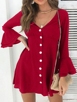 Minikleider Burgund Langarm Knöpfe Kurzes Kleid