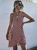 Minikleider Burgunder Blumendruck Ärmelloses Polyester Sommer Kurzes Kleid