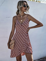 Minikleider Burgunder Blumendruck Ärmelloses Polyester Sommer Kurzes Kleid