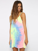 Minikleider Gelb Tie Dye Träger Ausschnitt Ärmellos Paspel Polyester Kurzes Kleid