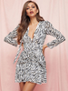 Minikleider Weiß Zebradruck Lange Ärmel Polyester Kurzes Kleid