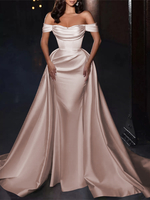 Mit Cocktailkleid Ziemlich Kurz Knielang Off-The-Shoulder Plissee Satin Stoff