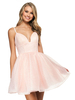 Mit Heimkehrkleid Hellrosa Ärmellos Rückenfreies Kurzes A-Linie V-Ausschnitt Polyester Mini Partykleid