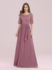 Mit Heimkehrkleid Rosa bodenlanges A-Linien-Juwelenhals mit halben Ärmeln; rückenfreies Schärpen-Maxikleid