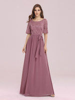 Mit Heimkehrkleid Rosa bodenlanges A-Linien-Juwelenhals mit halben Ärmeln; rückenfreies Schärpen-Maxikleid