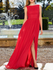 Mit Heimkehrkleid Rot Schöne A-Linie mit Schleppe Jewel Neck Ärmelloses rückenfreies langes Chiffonkleid mit geteilter Vorderseite