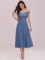 Mit Homecoming Dress Blue A-Line ärmelloses rückenfreies schulterfreies Abendkleid aus Chiffon in Teelänge