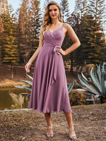 Mit Homecoming Kleid A-Linie V-Ausschnitt Ärmelloses rückenfreies Schärpe Chiffon Tee-Länge Kleid