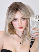 Mittellange Perücken Synthetische Perücken Damenperücken Hellgold Glatt Hitzebeständige Faser Mittel Mittellange Perücke für Frauen