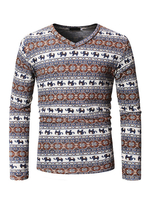 Männer Langarm-T-Shirt mit V-Ausschnitt Ethno-Stil Unterhemd Animal Print Brown Casual Shirt
