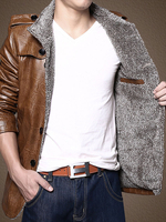 Männer Lederjacke Braun Turndown Kragen Langarm Wintermantel Slim Fit Casual Jacke