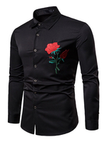 Männer schwarzes Hemd Rose Stickerei Slim Fit Langarm-Shirt