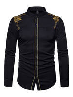 Männer Shirt Casual Court Stickerei Stehkragen Schwarz Langarm-Shirt