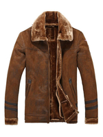 Männer Wildleder Jacke Braun Patch Casual Mantel Plüsch Futter Reißverschluss Schnalle Winterjacke