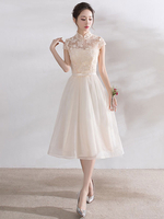 Modisches Abendkleid für Homecoming mit Stehkragen Organza A-Linie- und Blumen-Deko in Elfenbeinfarbe