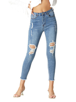 Mom Jeans Damen Hellhimmelblaue Jeanshose Baumwolle Hochhaus Reißverschluss Fliege Taille Tapered Fit Ripped Hosen Jeans