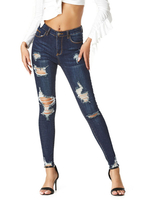 Mom Jeans Frauen Deep Blue Jeans Polyester High Rise Taille Tapered Fit Ripped Hose Cowboy Denim Hose
