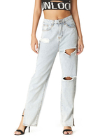 Mom Jeans Frauen Hellhimmelblaue Jeanshose Cowboy Polyester Hochhaus Reißverschluss Fliege Taille Gerade Lose Hose Zerrissene Jeans