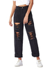 Mom Jeans verlieren zerrissene schwarze Baumwollhosen mit erhöhter Taille
