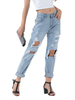 Moms Jeans Frauen Hellblaue Jeans Cowboy Cotton Raised Zipper Fly Waist Lose Hose Denim Ripped Pants