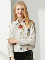 Motorradjacke Ecru Weiß Blumendruck Muster Asymmetrische PU Leder Umlegekragen Langarm Lässige Lederjacke