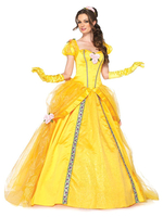 Märchenhafte Karneval Kostüm-Kostüme Gelber Blumendruck für Erwachsene im Euro-Stil; geschichtetes Kleid aus Polyester für Feiertage